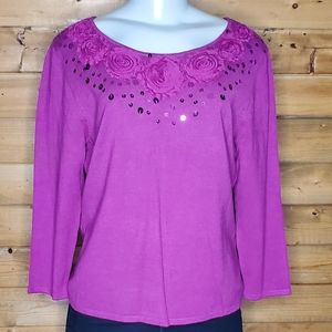 ❤️3/$15 Rudy Rd. Blouse  sequins split- neck sweater 3/4 sleeve fiusha S…